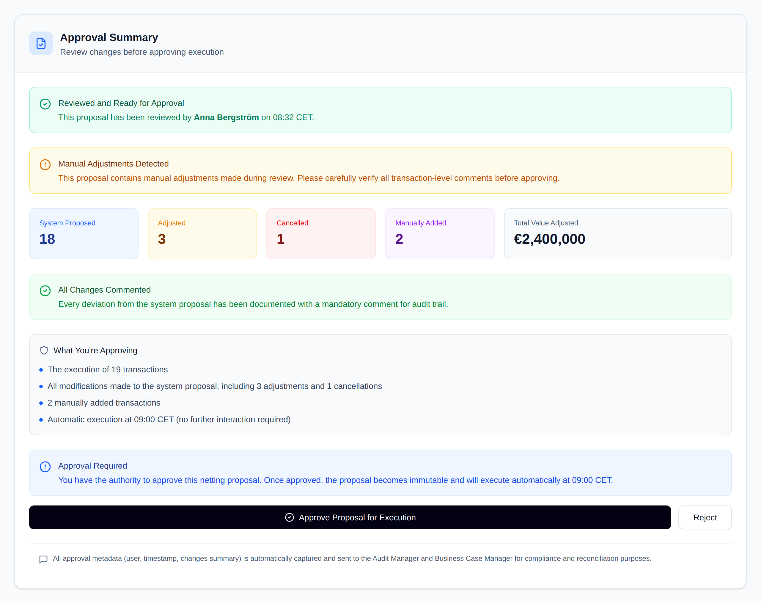 Nodus Approval Summary with approval requirements, transaction checks, and proposed payment details.